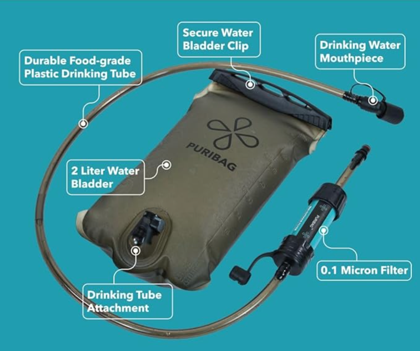 Puribag Adventure Bladder: 2 Liter Hydration Bladder with Filter